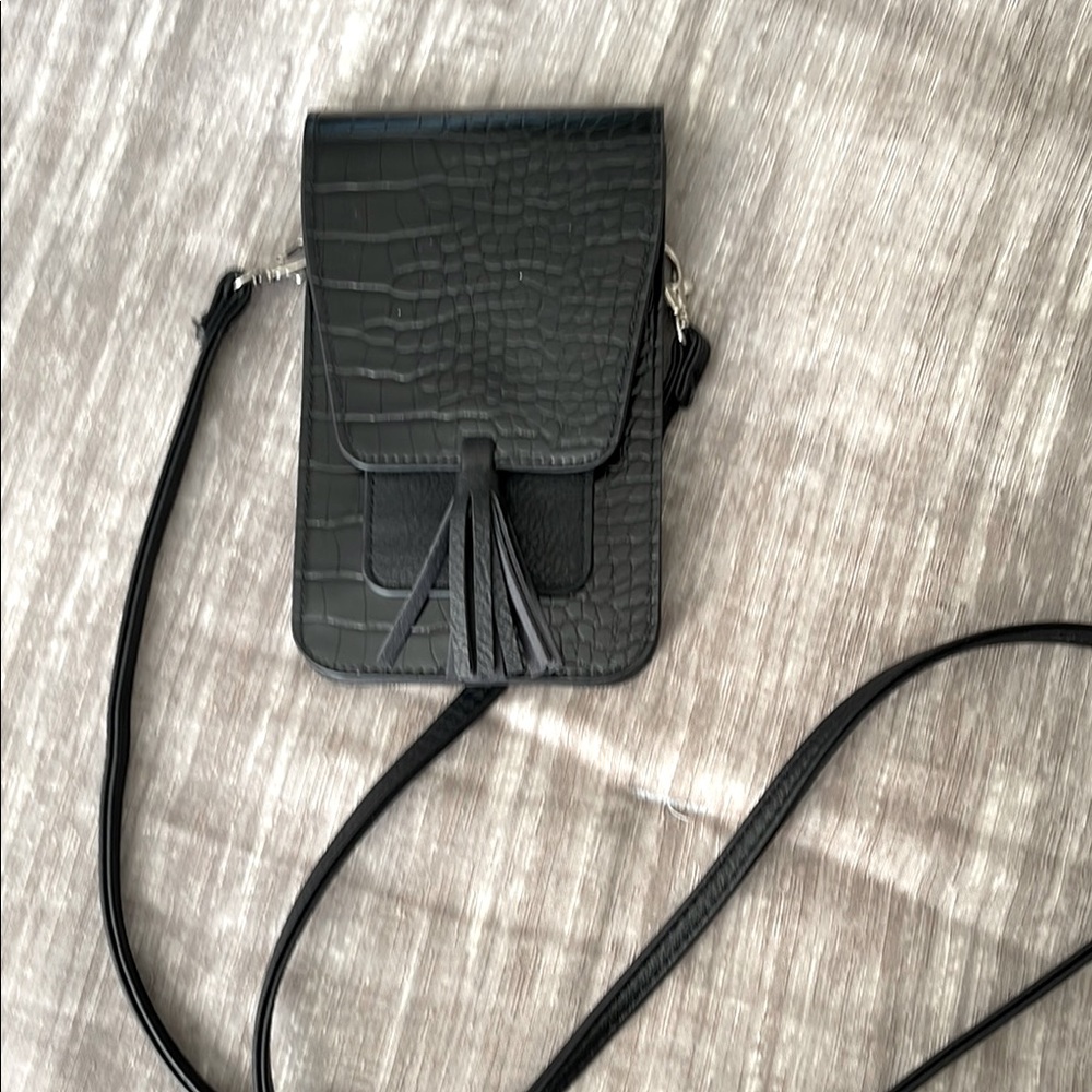 Crossbody Wallet Black Croc Embossed Leather